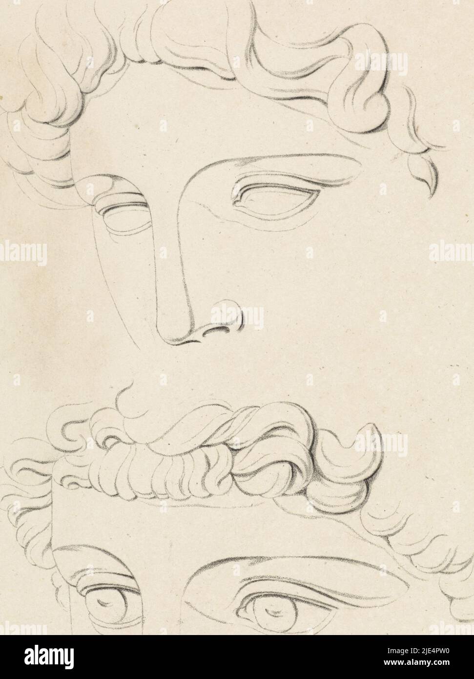 Foglia con due mezze facce l'una sopra l'altra. Sopra il volto di una scultura classica di Iside. Sotto il volto di una scultura classica di Antinous. Stampare da un libro per l'istruzione di disegno. In alto a destra un riferimento al cahier V, n. III., due facce di scultura classica., tipografia: Henricus Turken, tipografia: Antonis Aloisius Emanuel van Bedaff, tipografia: J.F. Demelinne, Den Bosch, 1822, carta, h 388 mm x l 241 mm Foto Stock