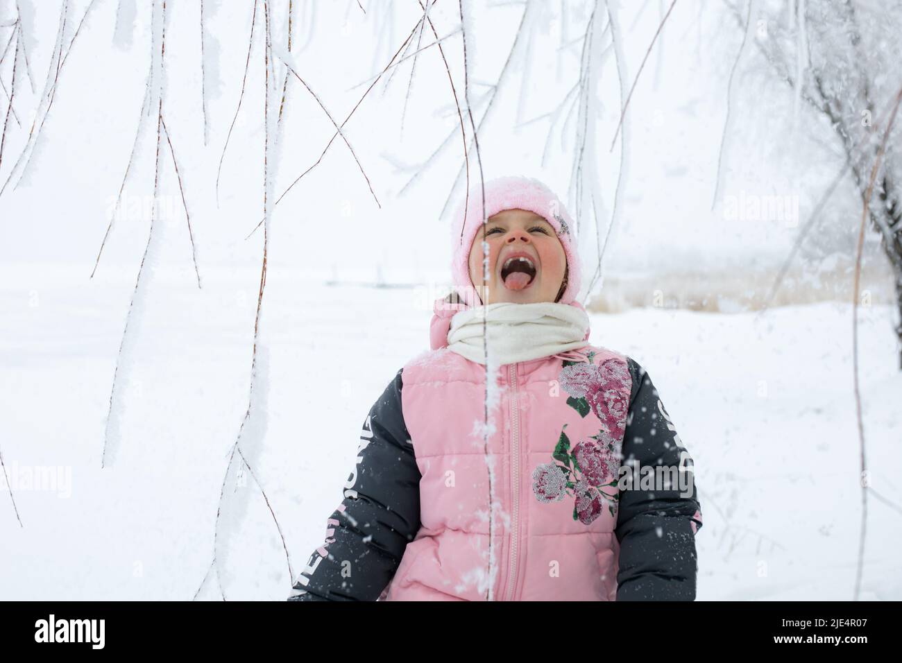 Giovane ragazza carina caucasica con bocca aperta cattura fiocchi di neve con lingua con occhi aperti con ramoscelli di albero e campo nevoso sullo sfondo. Inverno Foto Stock