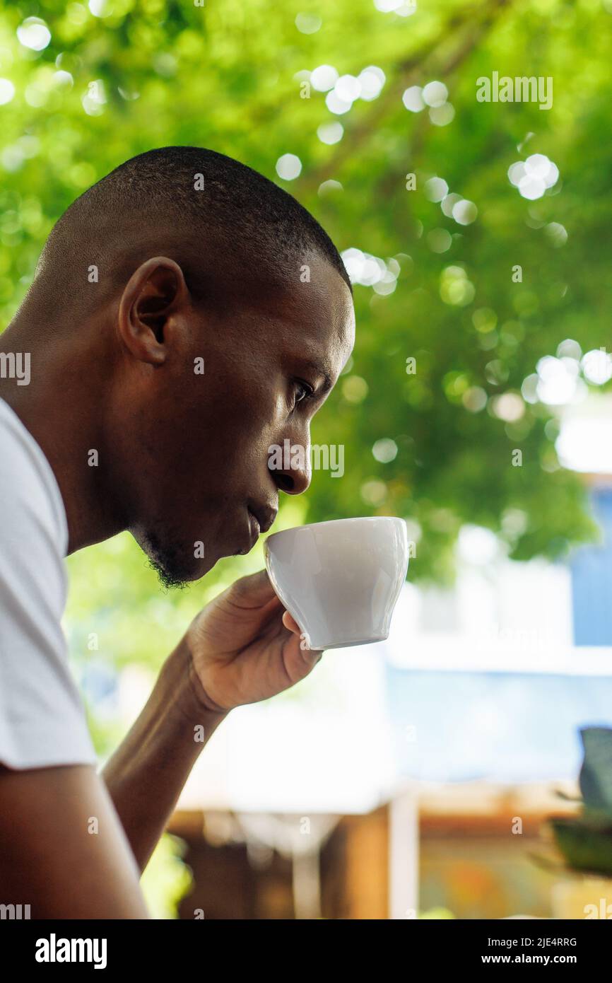 Uomo d'affari multirazziale sicuro e di successo bevendo caffè e lavoro, chiacchierando online utilizzando il laptop in Street cafe Foto Stock