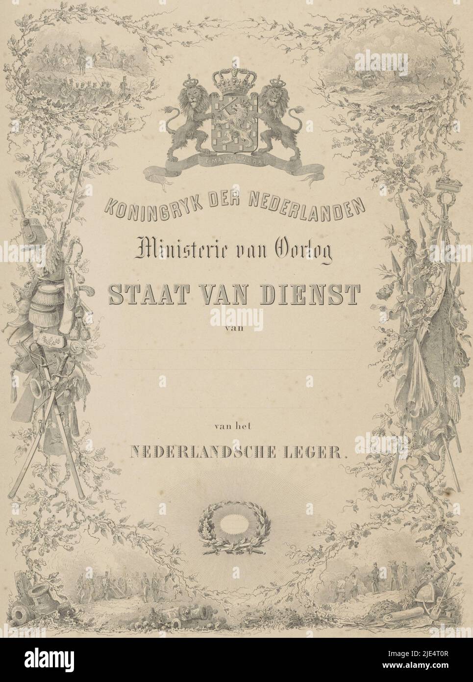 La rivista è stata pubblicata per conto del Ministero della Guerra. Scene di guerra sono raffigurate negli angoli del confine ornamentale. Nel mezzo ci sono rami con foglie, armi e striscioni. In fondo ci sono altri oggetti come cannoni, proiettili, un globo, una brocca, una vanga, una mappa e una bussola. In cima al bordo due leoni coronati reggono lo stemma del Regno dei Paesi Bassi. Al centro c'è spazio per compilare un nome, Gazzetta ufficiale per confermare uno stato di servizio presso l'esercito olandese., stampatore: CAREL Alphons Eckstein, (menzionato sull'oggetto), editore: Topografisch Bureau Foto Stock