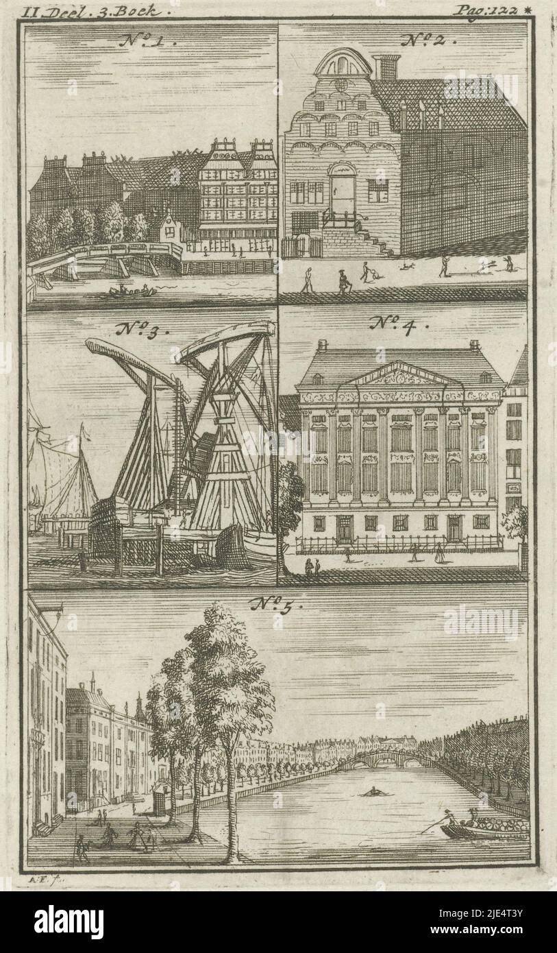 Tre edifici numerati e volti ad Amsterdam: Stadsartillerie- en Korenhuizen, ufficio del broker sul Nieuwezijds Voorburgwal, gru navali sul IJ, Trippenhuis, vista sul Golden Bend dell'Herengracht. Gli edifici e le viste sono spiegati nella scheda di testo allegata. Stampa contrassegnata in alto a sinistra e a destra: II Parte. 3. Libro - pagina: 122*., diversi edifici e volti ad Amsterdam, tipografia: Anna Folkema, (citata sull'oggetto), 1723, carta, incisione, a 129 mm x l 80 mm Foto Stock