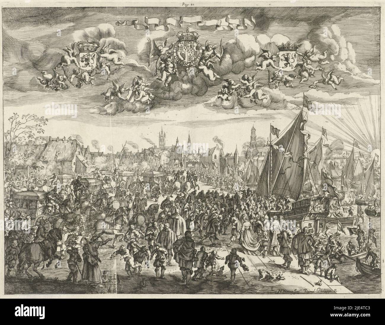 Arrivo del re inglese Carlo II da Breda a Delft, 25 maggio 1660. Episodio durante il suo viaggio di andata e ritorno e partenza dai Paesi Bassi. Sulla banchina un grande gruppo accoglie il re che arrivò a Delft in barca. In aria putti con gli stemmi della Repubblica, il re inglese e l'Olanda. Con un banderolo senza testo. Contrassegnato in alto: Pagina 30, arrivo del re Carlo II d'Inghilterra a Delft, 1660., tipografo: David Philippe, (menzionato sull'oggetto), Adriaen Pietersz. Van de Venne, (menzionato sull'oggetto), Paesi Bassi del Nord, 1660, carta, incisione, incisione, h 309 mm x l 400 Foto Stock