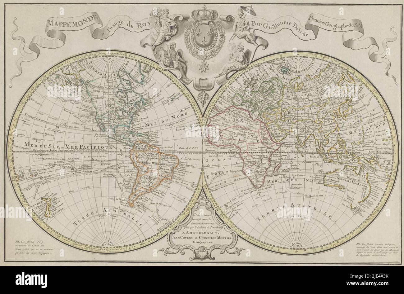 Mappa del mondo, divisa in mappa degli emisferi orientali e occidentali. Sopra un banderolo con il titolo, in mezzo lo stemma del Regno di Francia circondato da personificazioni dei quattro grandi continenti. La mappa è dotata di una rete di coordinate e gradi lungo i bordi, Mappa Mondiale, divisa in una mappa degli emisferi orientali e occidentali Mappemonde a l'usage du roy par Guillaume Delisle Premier geographe de S.M., tipografia: Johannes Condet, (menzionato sull'oggetto), Guillaume Delisle, (menzionato sull'oggetto), editore: Covens & Mortier, (menzionato sull'oggetto), stampa Foto Stock