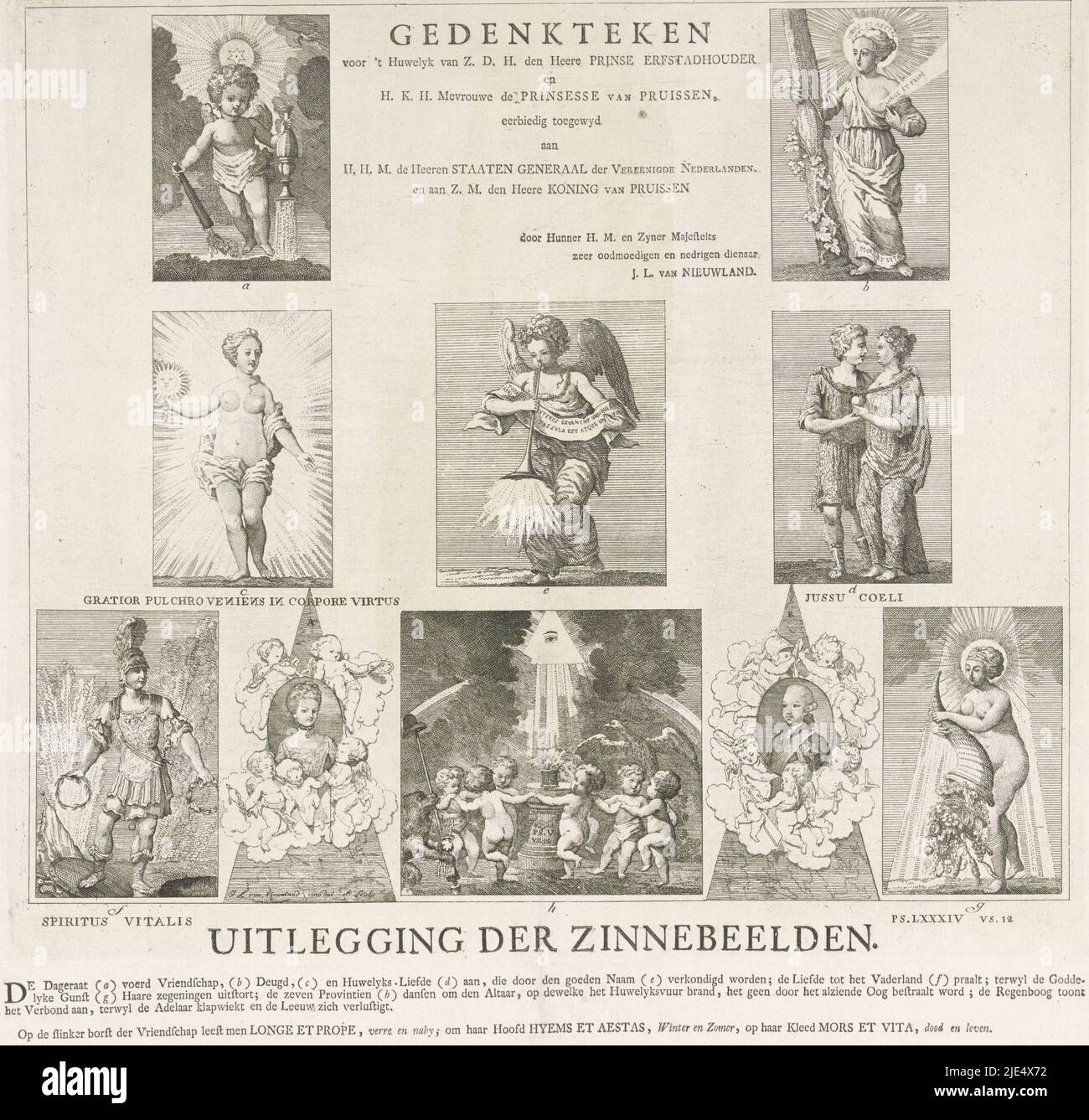 Allegoria del matrimonio tra lo Stadholder Guglielmo V e la Principessa Wilhelmina di Prussia il 4 ottobre 1767. Foglio con dieci rappresentazioni allegoriche o emblemi sul matrimonio, indicati con le lettere a-h. Sul foglio sotto la stampa una spiegazione degli emblemi e di alcuni versi in olandese, l'Allegoria del matrimonio di Guglielmo V e Wilhelmina di Prussia, 1767 Memorial al matrimonio di S.D.H. il Signore Principe Erfstadhouder. E S.H. Lady la Principessa di Prussia., tipografia: Isaac Lodewijk la Fargue van Nieuwland, (menzionato sull'oggetto), Isaac Lodewijk la Fargue van Nieuwland, (menzionato su Foto Stock