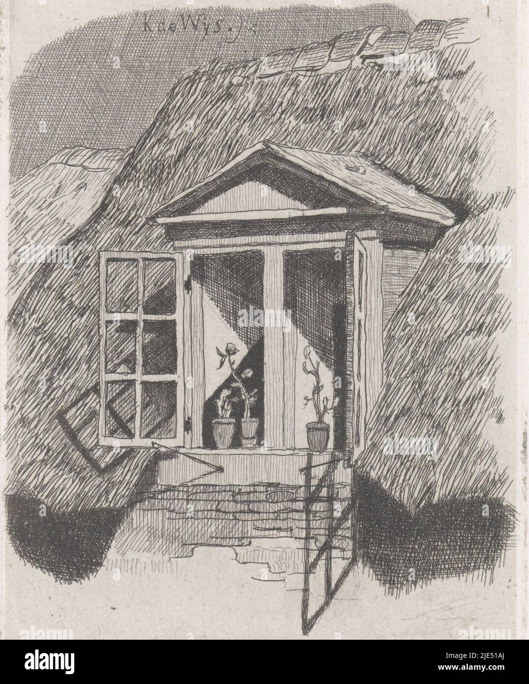 Finestra del tetto aperta con piante sul davanzale, tipografo: Kornelis Jzn de Wijs, (menzionato sull'oggetto), Paesi Bassi, 1842 - 1896, carta, incisione, h 88 mm x l 67 mm Foto Stock