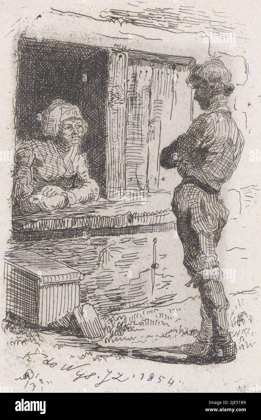 Un passer-by sta parlando con una donna seduta alla sua finestra, conversazione alla finestra, tipografia: Kornelis Jzn de Wijs, (menzionato sull'oggetto), l'Aia, 1854, carta, incisione, h 99 mm x l 66 mm Foto Stock