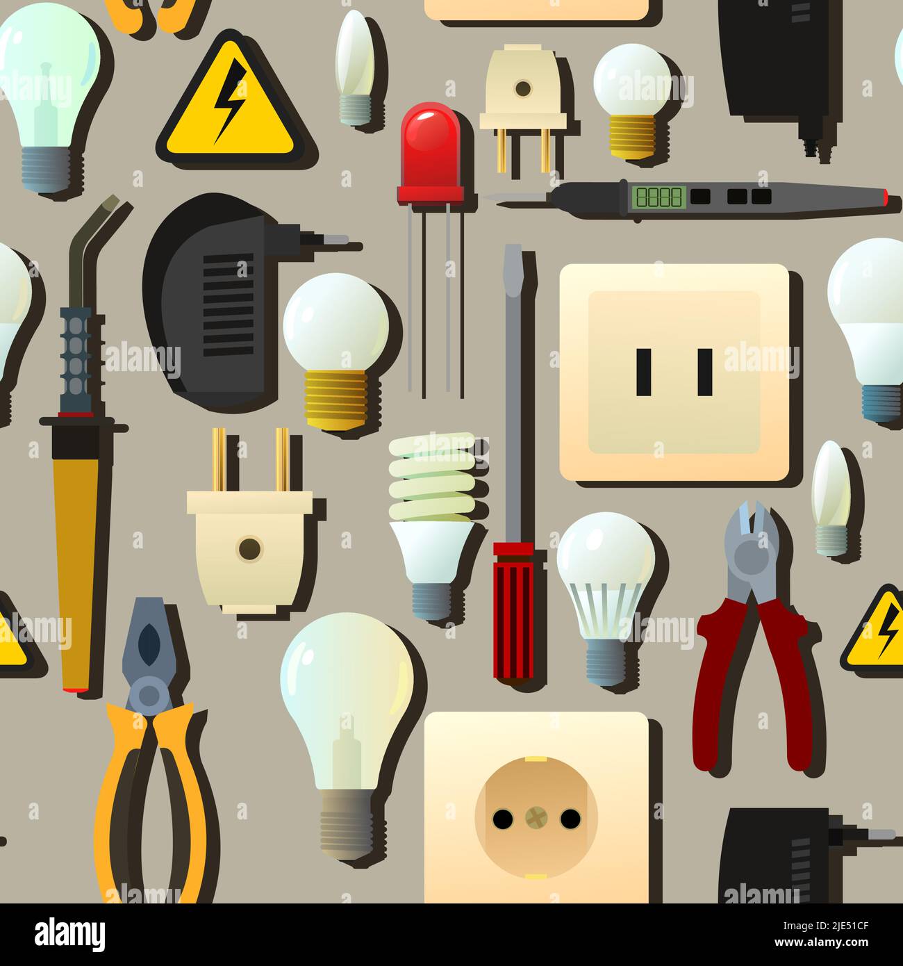 Lampadina elettrica in vetro. Presa elettrica e spina del dispositivo di illuminazione. Strumenti per elettricisti. Tecnologie di risparmio energetico. Ripetizione senza giunture. Vettore. Illustrazione Vettoriale