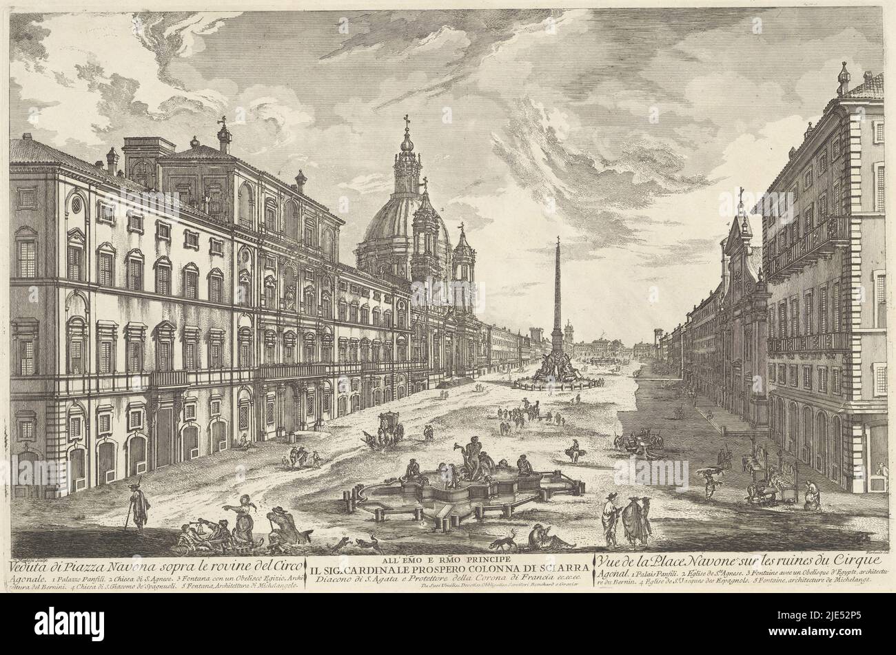 Veduta di Piazza Navona a Roma con la Fontana dei fiumi di Bernini e il Sant'Agnese ad Agone. Titoli ed elenchi esplicativi di numeri in francese e italiano e un'istruzione nel margine inferiore, Piazza Navona a Roma Moduta di Piazza Navona sopra le rovine del Circo / Vue de la Place Navone sur les ruines du Cirque., tipografia: Domenico Montaigù, (menzionato in oggetto), disegnatore intermedio: Jean Barbault, (menzionato in oggetto), J. Bouchard & J.J. Gravier, (citato in oggetto), Italia, c.. 1750 - c. 1799, carta, incisione, h 376 mm x l 570 mm Foto Stock