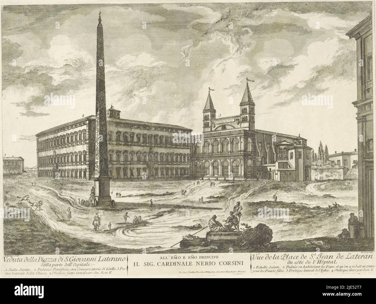 Vista del Laterano a Roma con la Scala Santa, il retro della basilica di San Giovanni di Laterano, il Palazzo Laterano e l'Obelisco Laterano. Titoli ed elenchi esplicativi con numeri in francese e in italiano e assegnazione al margine inferiore; Vista del Laterano a Roma con San Giovanni di Laterani Eduta della Piazza di S. Giovanni Laterano dalla parte dell'Ospedale / Vue de la Place de St. Jean de Lateran du Côté de l'Hôpital., tipografo: Domenico Montaigù, (menzionato in oggetto), disegnatore intermedio: Jean Barbault, (menzionato in oggetto), J. Bouchard & J.J. Gravier, ( Foto Stock