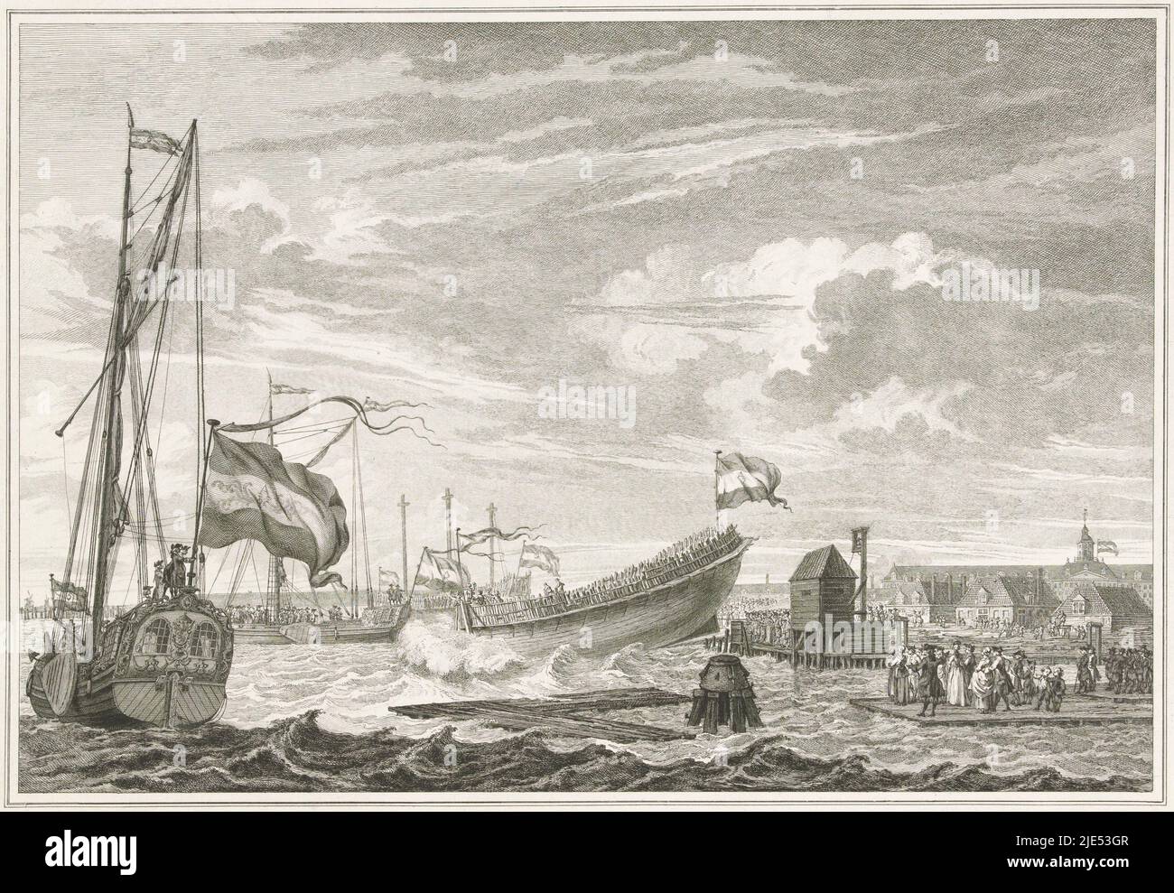 Lancio o partenza della nave d'angolo De Zon di fronte al VOC presso il cantiere navale vicino all'Oostindisch Zeemagazijn di Amsterdam, alla presenza dello Stadholder Willem V e della principessa Wilhelmina di Prussia, 2 giugno 1768. Parte di una serie di stampe con stampa del titolo e 14 targhe dell'inaugurazione del principe e della principessa ad Amsterdam, dal 30 maggio al 4 giugno 1768, lancio della nave De Zon (il Sole), 1768 Illustrazione dei Bedbirds di gioia e cerimonie che si sono verificate all'arrivo e durante il verblyf (...) Willem (...) e zyne Gemaalinne (...) ad Amsterdam, lunedì 30th maggio, e alcuni Foto Stock