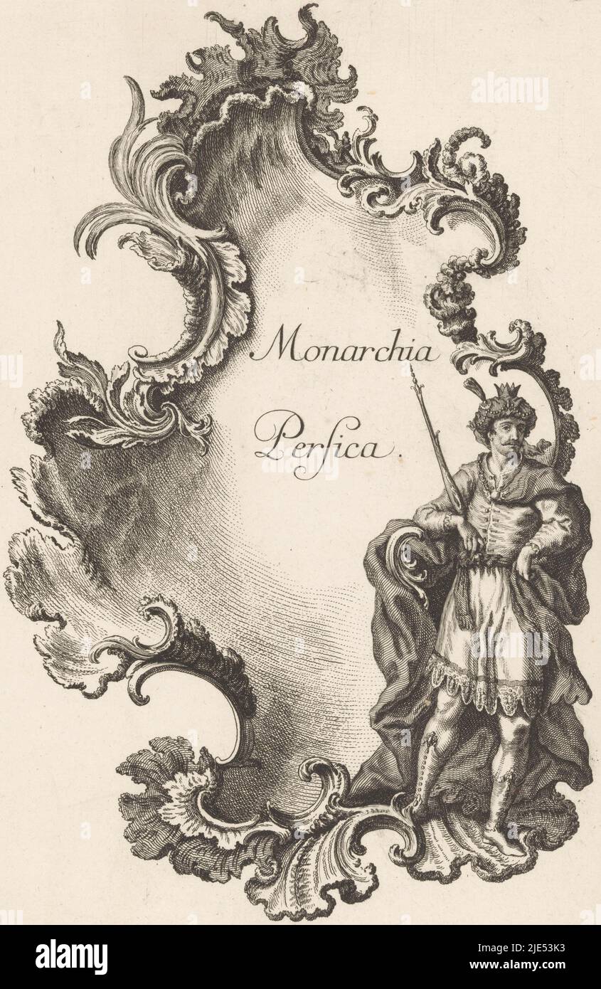 Personificazione dell'impero persiano in un cartouche rocaille. Sulla destra si trova un uomo orientale con corona e turbante, nella sua destra tiene uno scettro. Numero dell'editore 33., Persian Empire Monarchia Persica, monarchie (titolo della collana), tipografo: Jakob Gottlieb Thelott, disegnatore intermediario: Johann Gottfried Haid, (menzionato sull'oggetto), editore: Johann Georg Hertel (i), (menzionato sull'oggetto), Augusta, 1745, carta, incisione, h 300 mm x l 198 mm Foto Stock