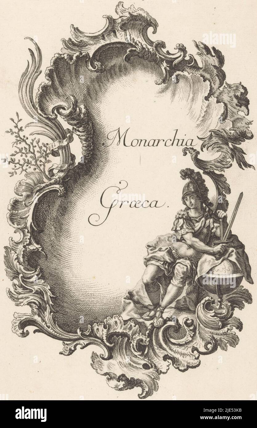 Personificazione dell'impero greco in un cartouche rocaille. Sulla destra, un giovane uomo con il suo staff di comando sta riposando su un globo. L'uomo indossa un casco e una corazza e tiene una spada nella mano destra. Numero di pubblicazione 33., Greek Empire Monarchia Graeca, monarchie (titolo della serie), tipografo: Jakob Gottlieb Thelott, redentrice intermediaria: Johann Gottfried Haid, (menzionato in oggetto), editore: Johann Georg Hertel (i), (menzionato in oggetto), Augusta, 1745, carta, incisione, h 294 mm x l 197 mm Foto Stock