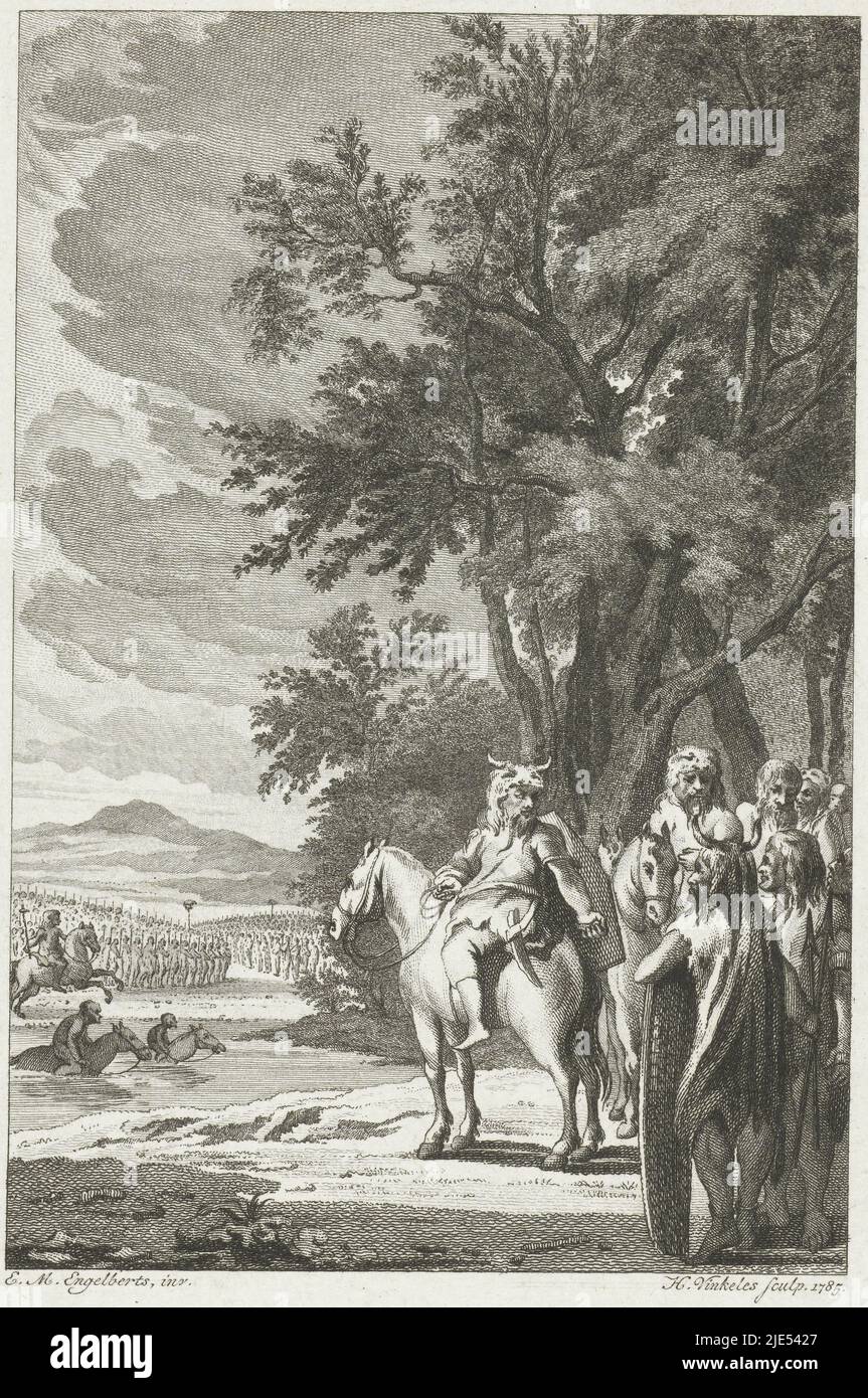 Esercitazioni di guerra ai Batavians. Guerrieri che attraversano un fiume a cavallo, a destra un capo tribale sta guardando, esercitazioni di guerra ai Batavians., stampatore: Harmanus Vinkeles, (menzionato sull'oggetto), disegnatore intermedio: Engelbertus Matthias Engelberts, (menzionato sull'oggetto), Paesi Bassi, 1785, carta, incisione, h 176 mm x l 116 mm Foto Stock
