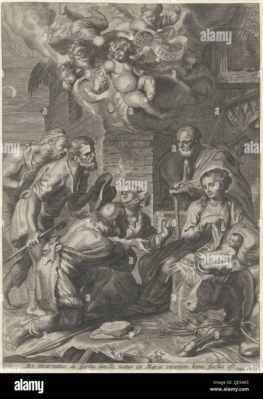 Linea inferiore in latino, Adorazione dei pastori, tipografia: Gaspar Huybrechts, (menzionato sull'oggetto), Anversa, 1661 - 1684, carta, incisione, a 276 mm x l 194 mm Foto Stock