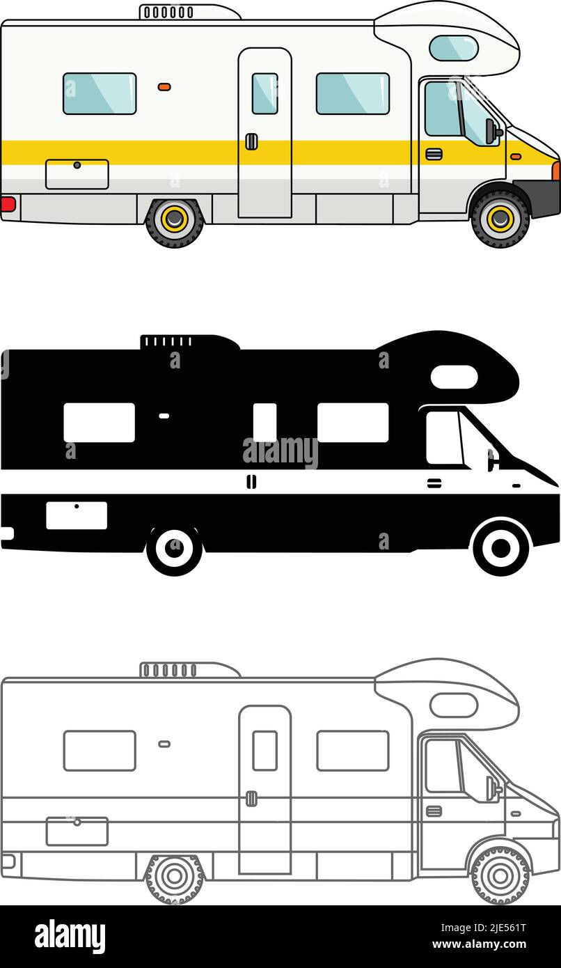 Auto di diverso genere e rimorchi di viaggio isolati su sfondo bianco in stile piatto: Colorato, nero silhouette e contorno. Roulotte moderna. Vettore Illustrazione Vettoriale
