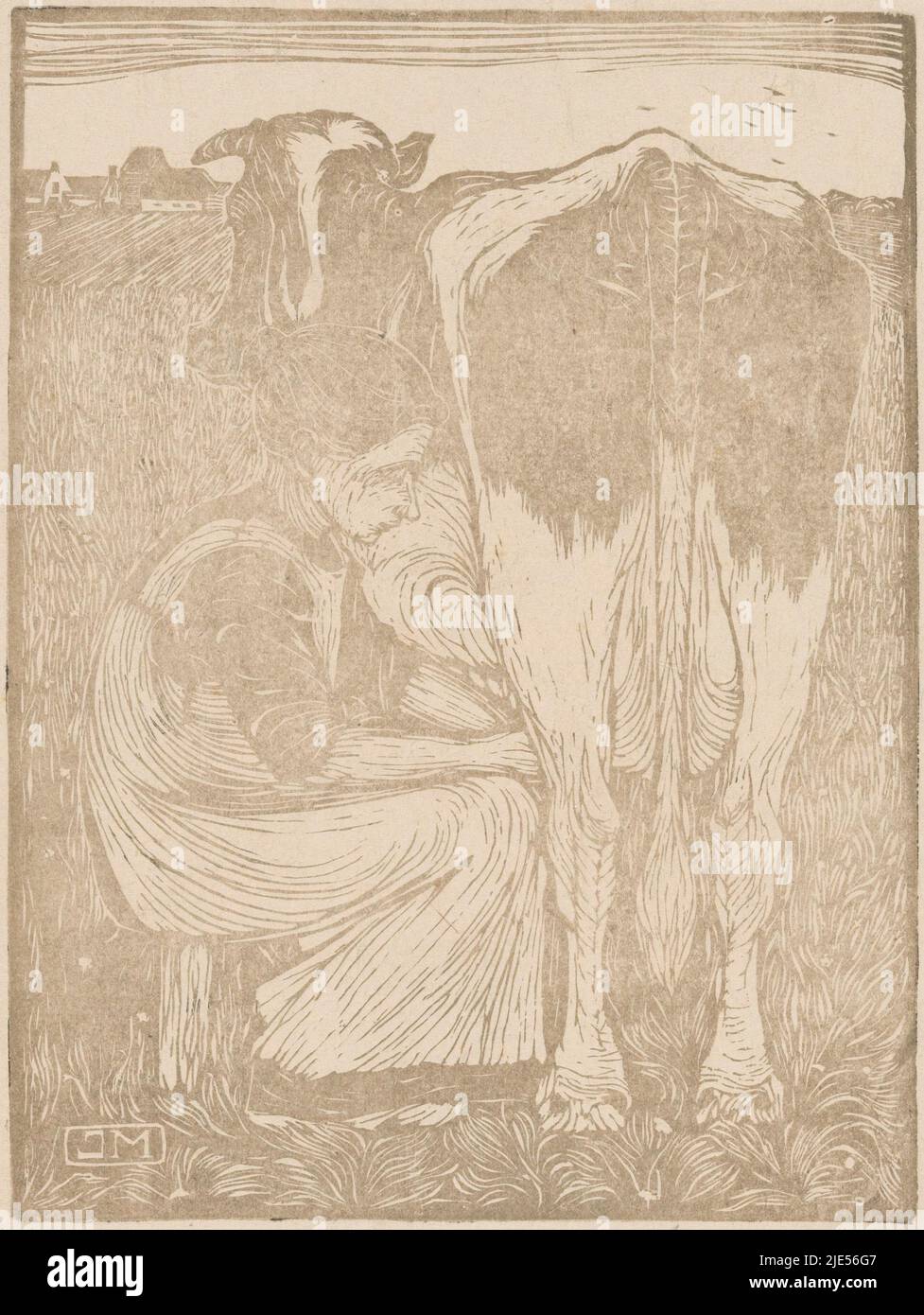 Una donna è seduta su uno sgabello in un prato mungendo una mucca, Koemelkster, tipografo: Jan Mankes, (firmato dall'artista), 1914, carta, h 230 mm x w 173 mm Foto Stock
