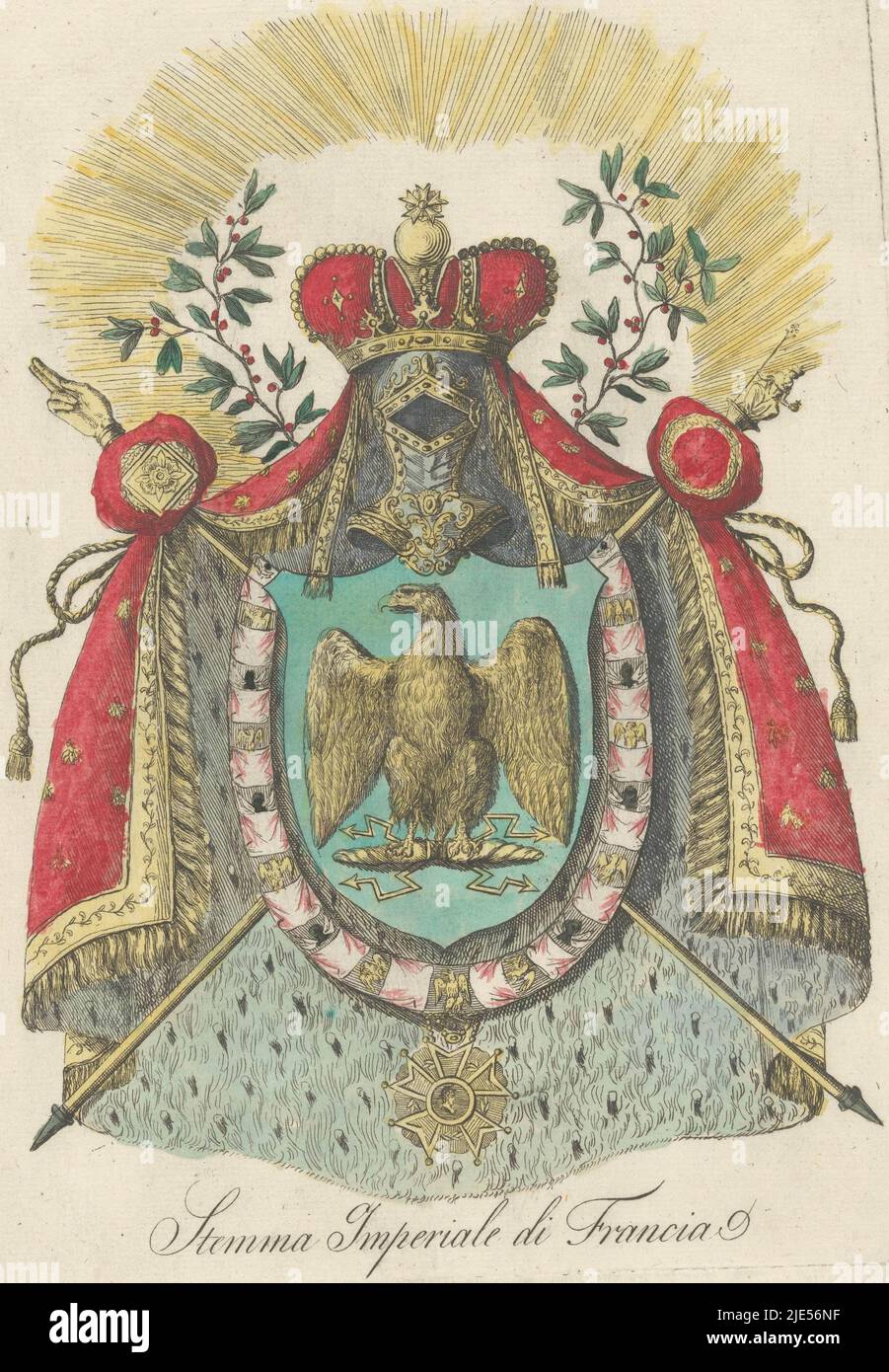 Armi del primo impero francese (1804-1814/1815), Francia sotto l'imperatore Napoleone, Stemma Imperiale di Francia, tipografo: anonimo, 1805 - 1850, carta, incisione, a 306 mm x l 222 mm Foto Stock