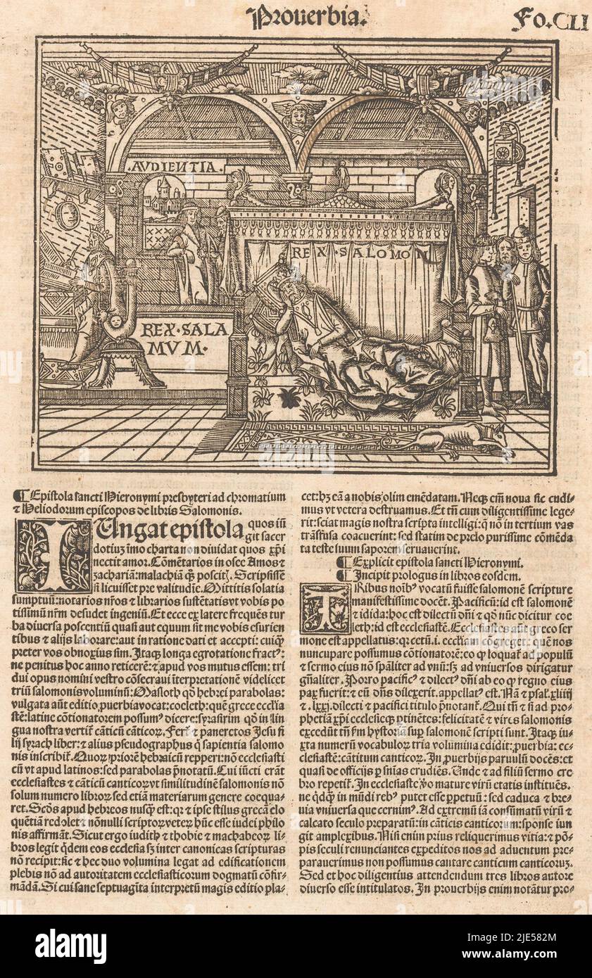 Sotto l'immagine un testo latino in due colonne. Sopra la scena: Proverbia, Re Salomone a letto e ad un tavolo da scrittura., tipografo: anonimo, Italia, 1500 - 1599, carta, penna, a 138 mm x l 167 mm, a 341 mm x l 250 mm Foto Stock