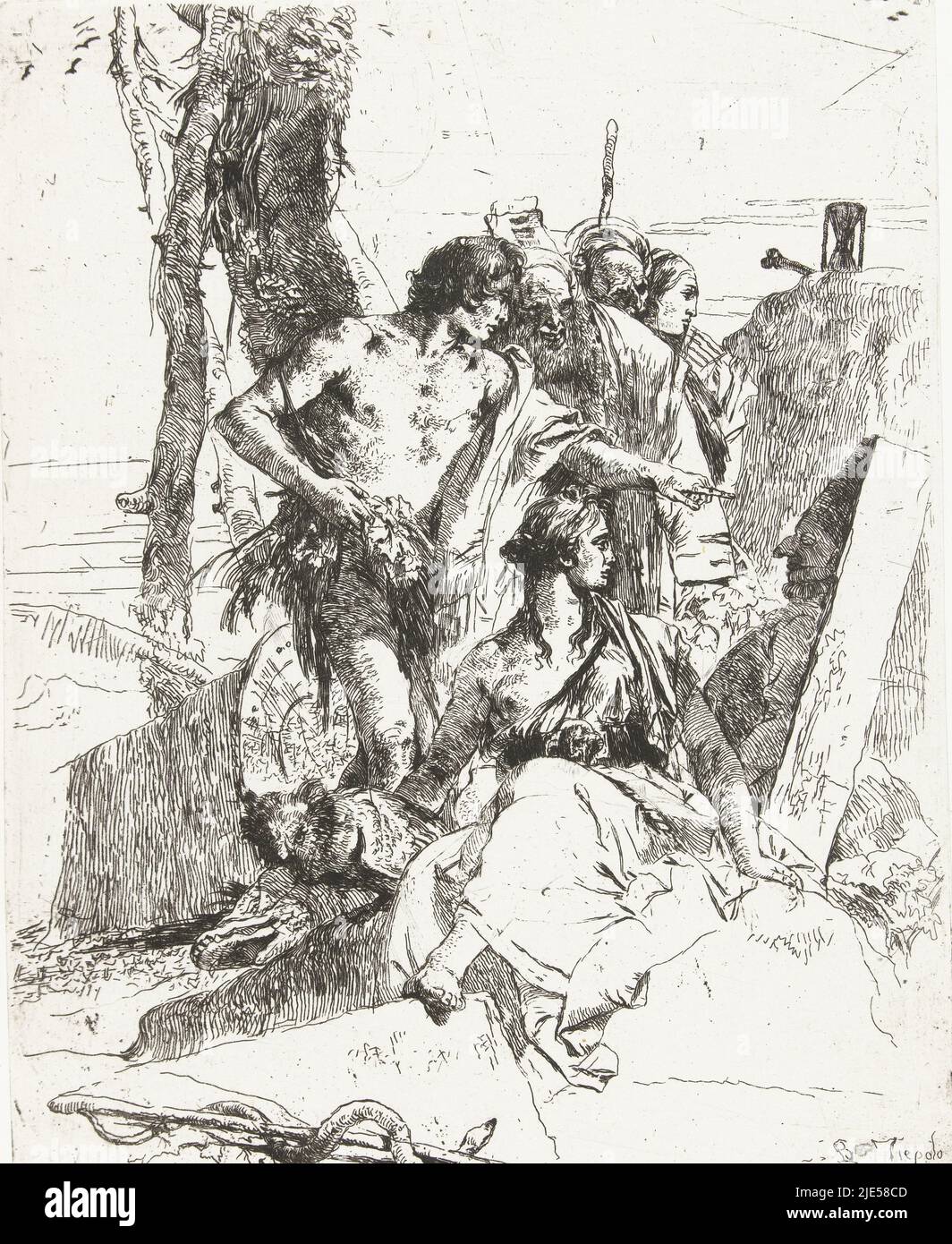 La scoperta della tomba di Pulcinella, tipografia: Giovanni Battista Tiepolo, (menzionato in oggetto), Giovanni Battista Tiepolo, Italia, in o prima c.. 1750, carta, incisione, h 223 mm x l 182 mm Foto Stock