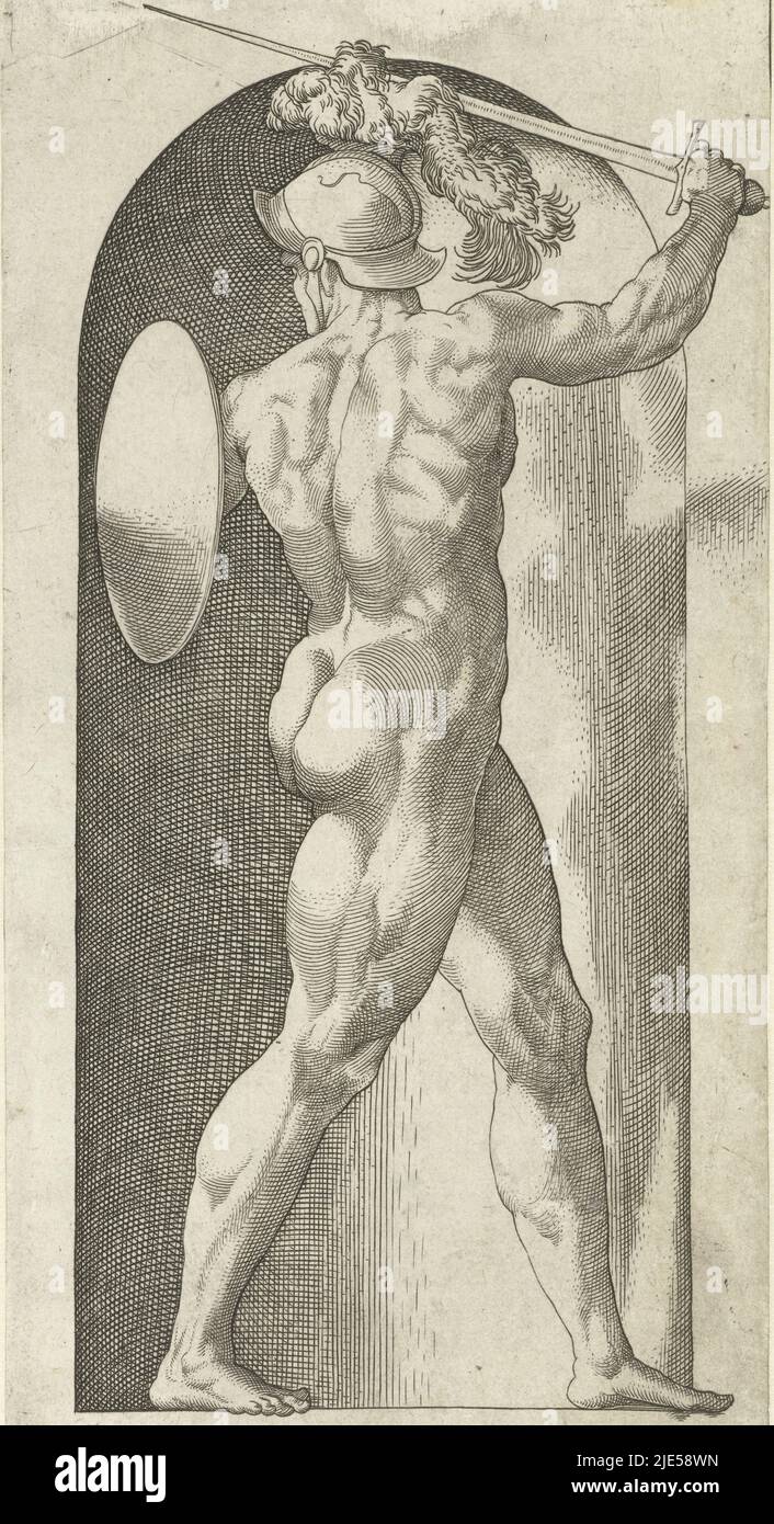 Marte come dio della guerra con il suo casco, scudo e spada armamento. L'iscrizione MARS QVI VICTRICI COMITIT PROEBIA DESTRA elogia la mano destra vincente di Marte. Copia dopo una stampa di Giovanni Jacopo Caraglio, Marte con casco, scudo e spada degli dei e delle Goddesse (titolo della serie), tipografo: Jacob Binck, Giovanni Jacopo Caraglio, Germania, 1530, carta, incisione, a 212 mm x l 108 mm Foto Stock