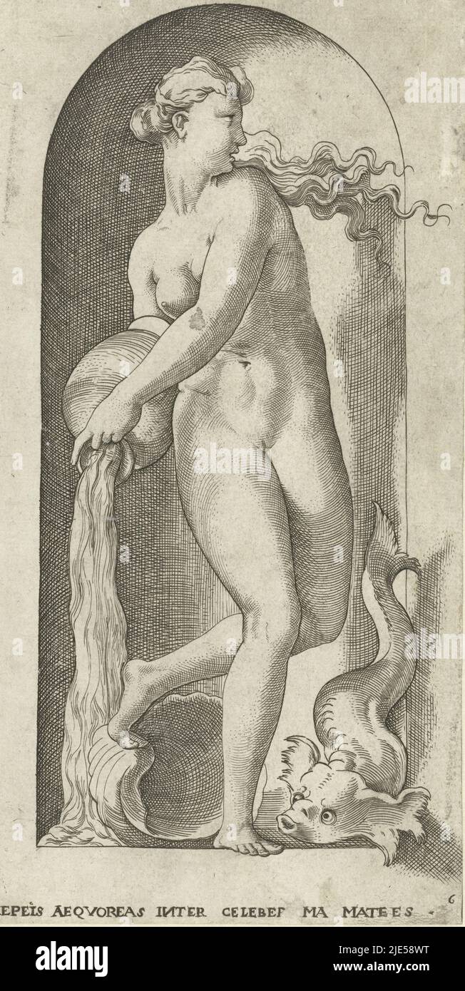 Thetis come ninfa di mare o di nereid con una caraffa, un guscio e un pesce, possibilmente un delfino. L'iscrizione NEPEIS AEQVOREAS INTER CELEBEB[RI]ma MATEES la loda come una delle più famose delle cosiddette madri del mare. Copia dopo stampa di Giovanni Jacopo Caraglio. Il testo non corrisponde interamente all'originale perché le lettere danneggiate sono state corrette in modo errato come nell'ultima parola dove MATRES (madri) dovrebbe effettivamente essere, Thetis con caraffa e pesce Gods e Goddesses (titolo della serie)., tipografia: Jacob Binck, Giovanni Jacopo Caraglio, Germania, 1530, carta, incisione, h 212 mm Foto Stock