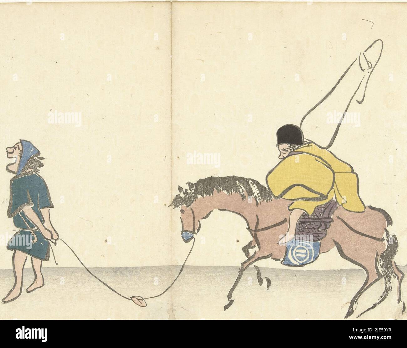 Fieldcarrier che dorme su un cavallo trainato. Questa stampa è stata aggiunta solo alla serie dal 1826, le prime due edizioni consistono di 25 stampe, Vaandeldrager op paard Prentenalbum van Korin (titolo della serie) Korin gafu (titolo della serie), print maker: Nakamura Hôchû, printer: Matsuda Shinsuke, (possibilmente), editore: Izumiya Shojiro, Edo, 1826, carta, legno a colori, h 256 mm x l 368 mm Foto Stock