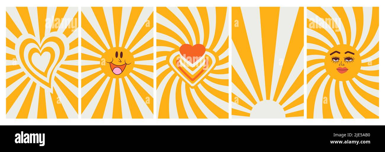 Set di hipster retrò cool elementi psichedelici. Una raccolta di clipart grovy dal 70s. Acid wave arcobaleno sfondi in 1970s 1960s hippie Illustrazione Vettoriale