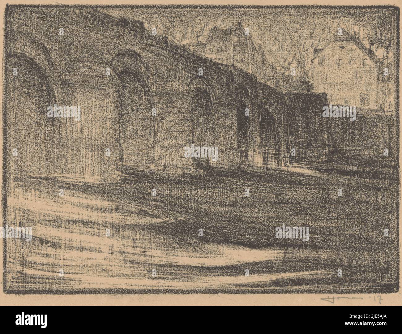 Ponte San Servatius sulla Mosa a Maastricht, tipografo: Henri Jonas, (firmato dall'artista), 1917, carta, h 266 mm x w 353 mm Foto Stock