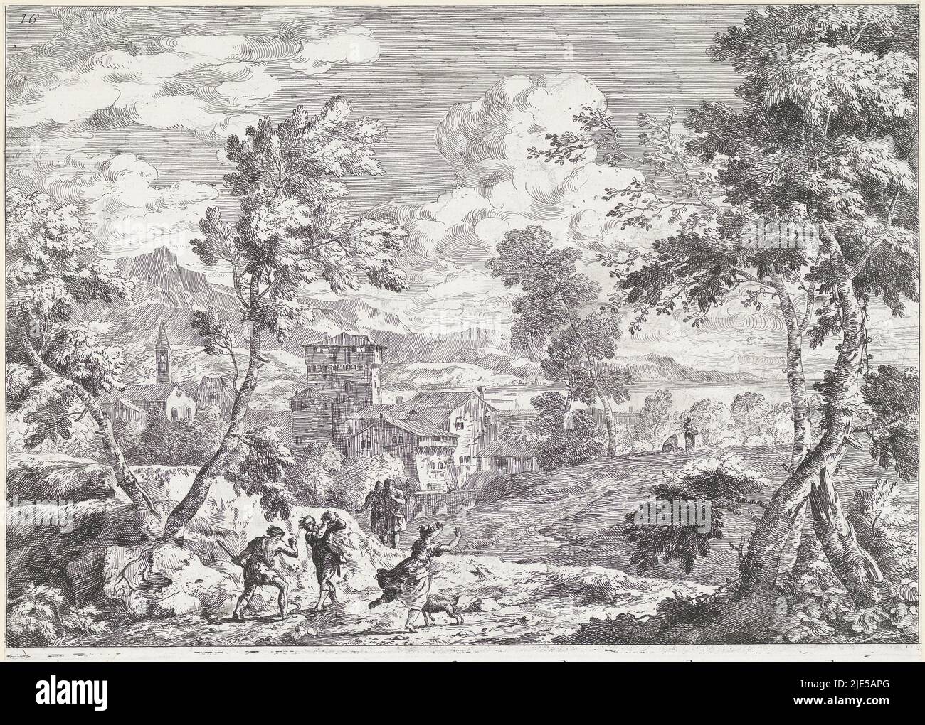 Paesaggio collinare con in primo piano due agricoltori cercando di uccidere un serpente. Una donna fugge dal serpente. Paesaggio con due agricoltori uccidendo un serpente Paesaggi (titolo della serie) Varia Marci Ricci Pictoris prestantissimi esperimento (...) (Titolo della serie)., tipografia: Marco Ricci, (menzionato sull'oggetto), Marco Ricci, (menzionato sull'oggetto), Carlo Orsolini, (Menzionato sull'oggetto), Italia, 1730, carta, incisione, a 280 mm x l 350 mm Foto Stock