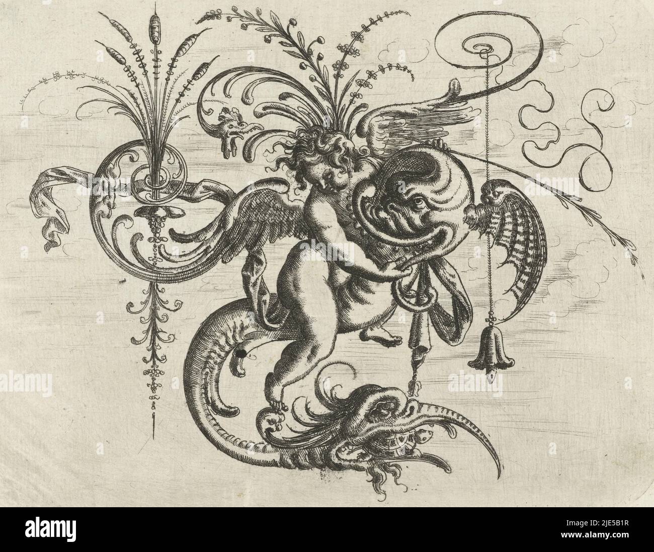 Il delfino ha una coda che termina nella testa di un uccello con un becco a metà aperta, dove una tartaruga striscia fuori. Foglia da una serie di decorazioni piatte con grottesche, cartozi, ovali, mascaroni, putti e creature fantastiche. La serie è composta da tre pagine di titolo, due pagine di testo con l'incarico e la prefazione e 60 pagine, divise su tre libri, Putto, cavalcando un delfino Das Neuw Grottesken Buch Nürnberg 1610 (serie di titoli)., stampatore: Christoph Jamnitzer, Christoph Jamnitzer, editore: Christoph Jamnitzer, Germania, (possibilmente), 1573 - 1610, carta, incisione, h 142 mm x l 184 mm Foto Stock