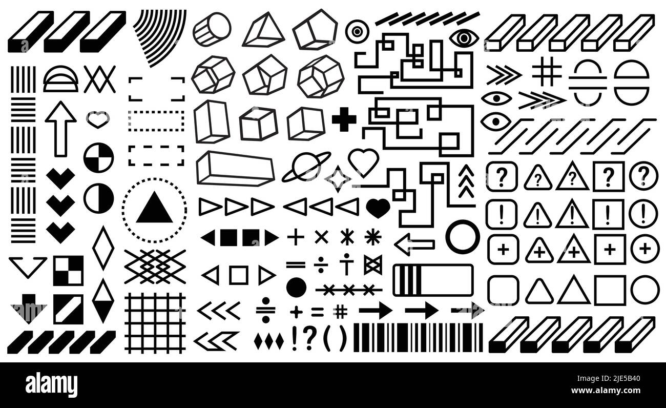 Raccolta di elementi di forma geometrica semplice di brutalismo. Una serie di forme e trame di base acida diverse per i modelli. Moderno stile memphis. Digitale Illustrazione Vettoriale