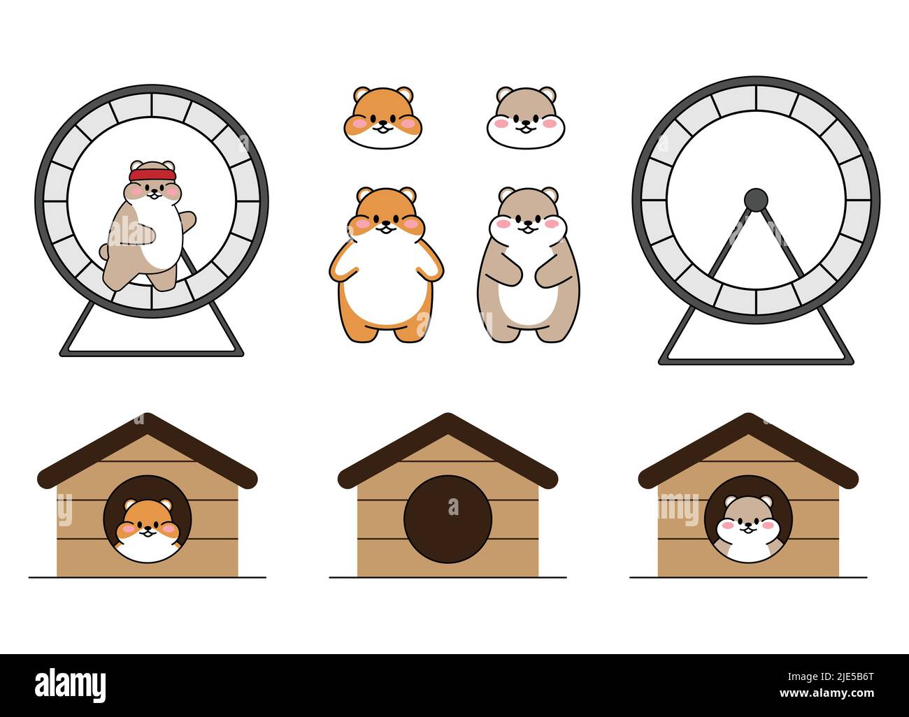 Set di criceti disegnati carini. Il criceto di Kawaii corre su una ruota e si siede in case. Collezione di avatar mascotte divertente personaggio animale adesivi isolato Illustrazione Vettoriale