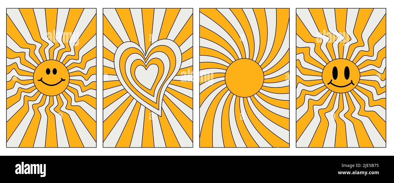 Set di hipster retrò cool elementi psichedelici. Una raccolta di clipart grovy dal 70s. Acid wave arcobaleno sfondi in 1970s 1960s hippie Illustrazione Vettoriale