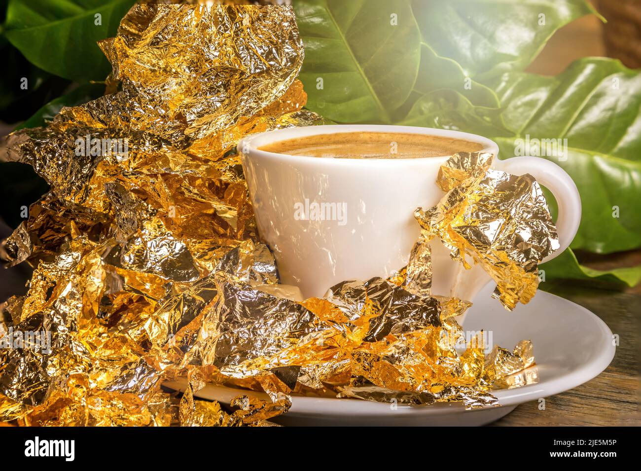 Caffè fresco, l'oro fluido. Una tazza di caffè espresso appena fatto Foto Stock