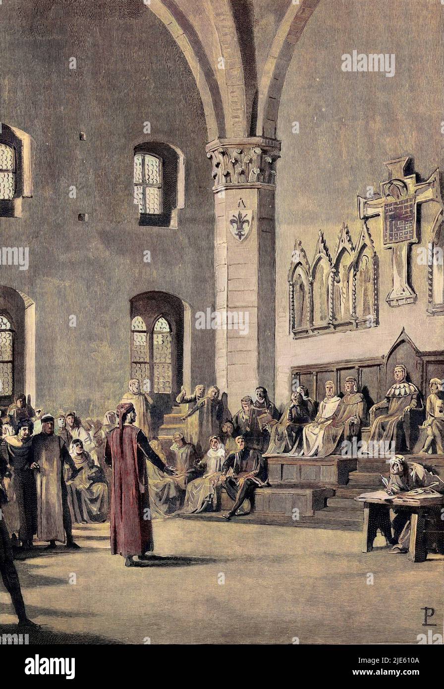 Les hommes distingués de Florence désignant Dante Alighieri comme son riprésentant auprès du Pape Bonifacio VIII 1301 Foto Stock