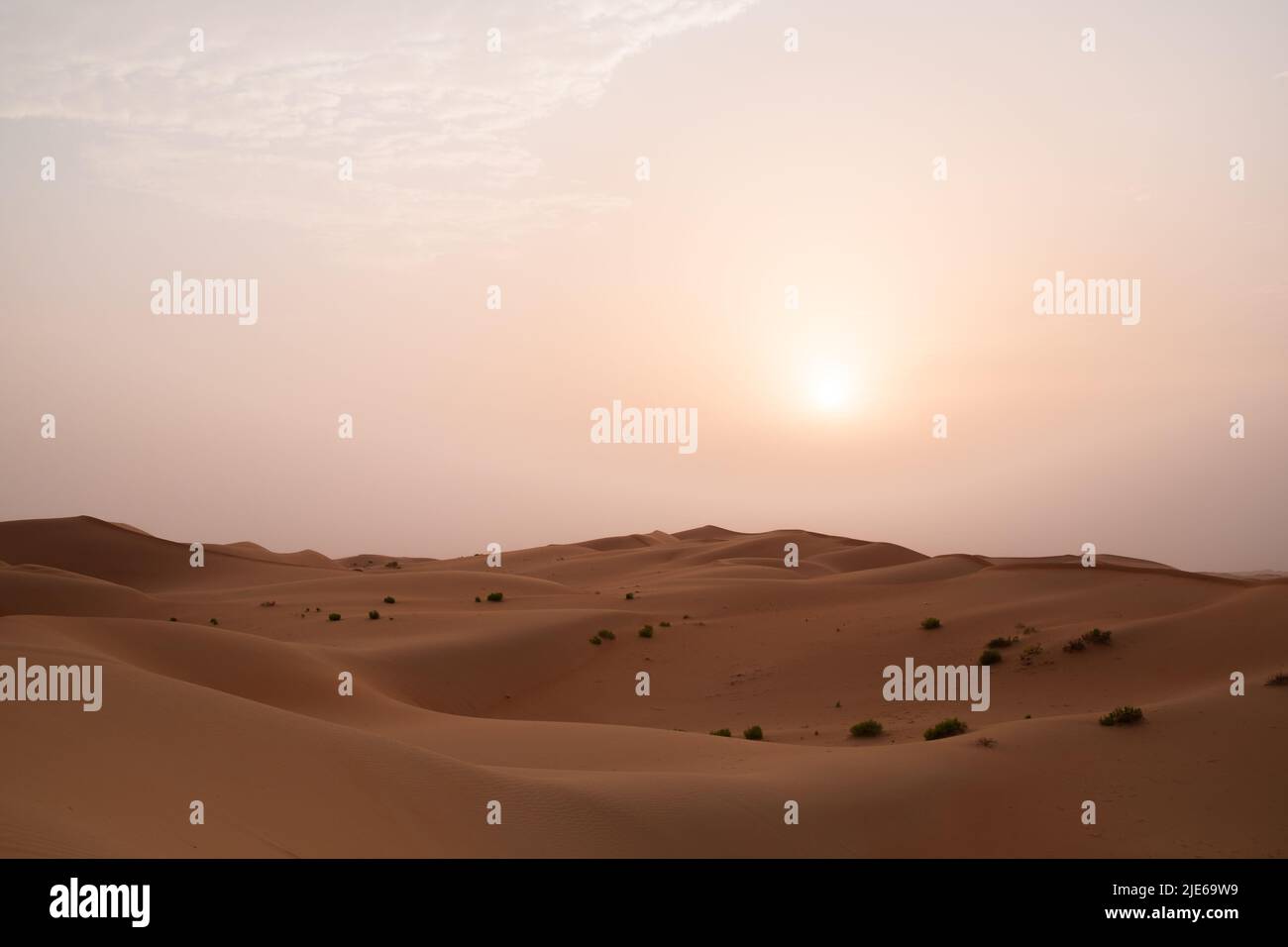 Sole che sorge sulle ampie dune di sabbia arancione del deserto di al Wathba ad Abu Dhabi, Emirati Arabi Uniti. Foto Stock