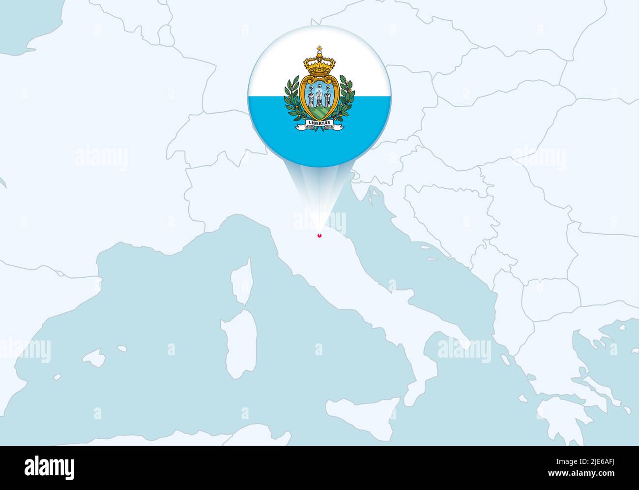 Europa con la mappa di San Marino selezionata e l'icona della bandiera di San Marino. Mappa vettoriale e flag. Illustrazione Vettoriale