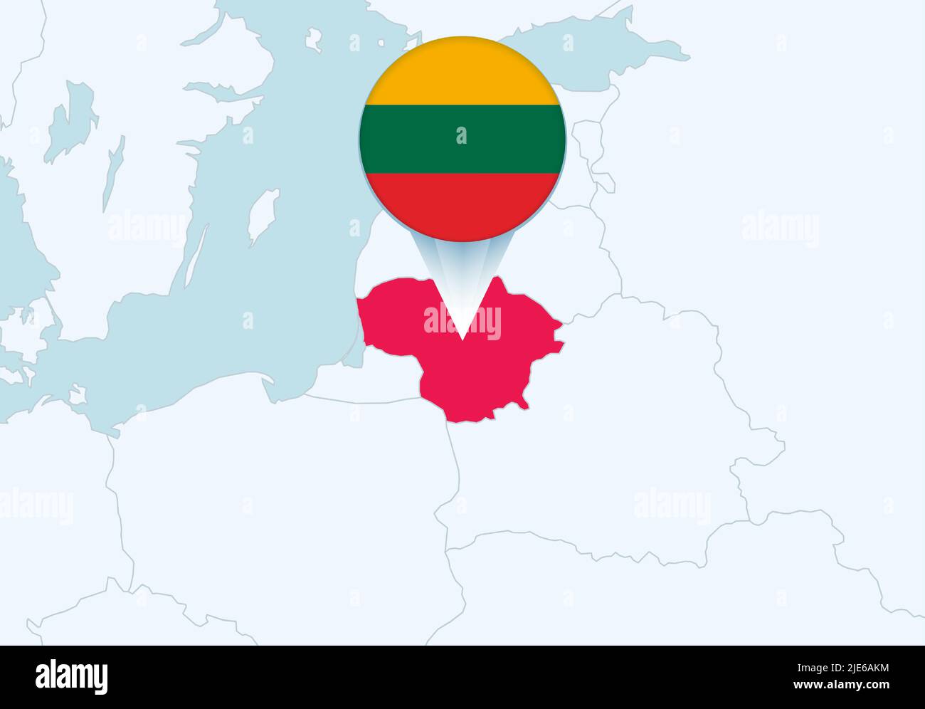 Europa con una mappa selezionata della Lituania e l'icona della bandiera della Lituania. Mappa vettoriale e flag. Illustrazione Vettoriale