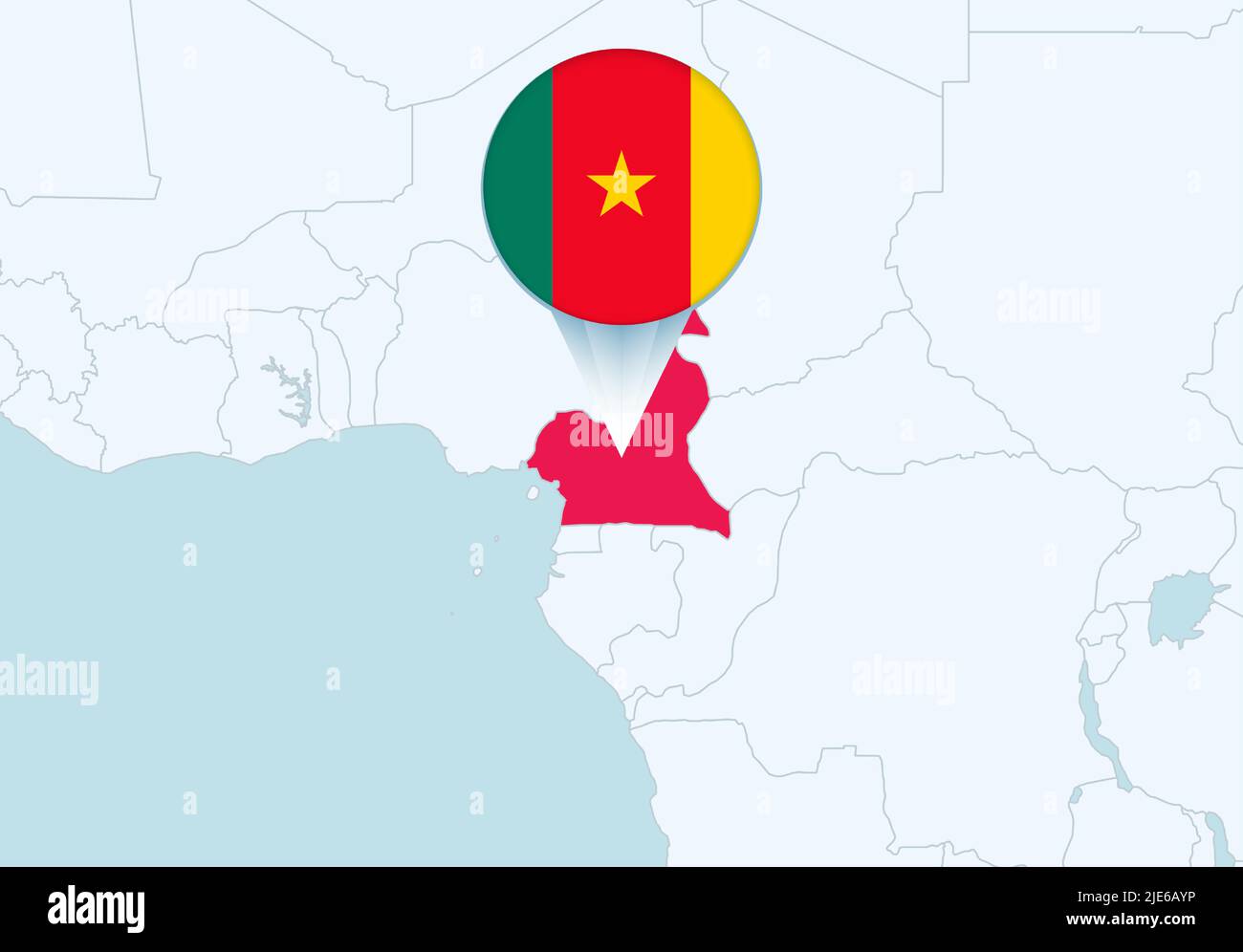 Africa con una mappa selezionata del Camerun e l'icona della bandiera del Camerun. Mappa vettoriale e flag. Illustrazione Vettoriale