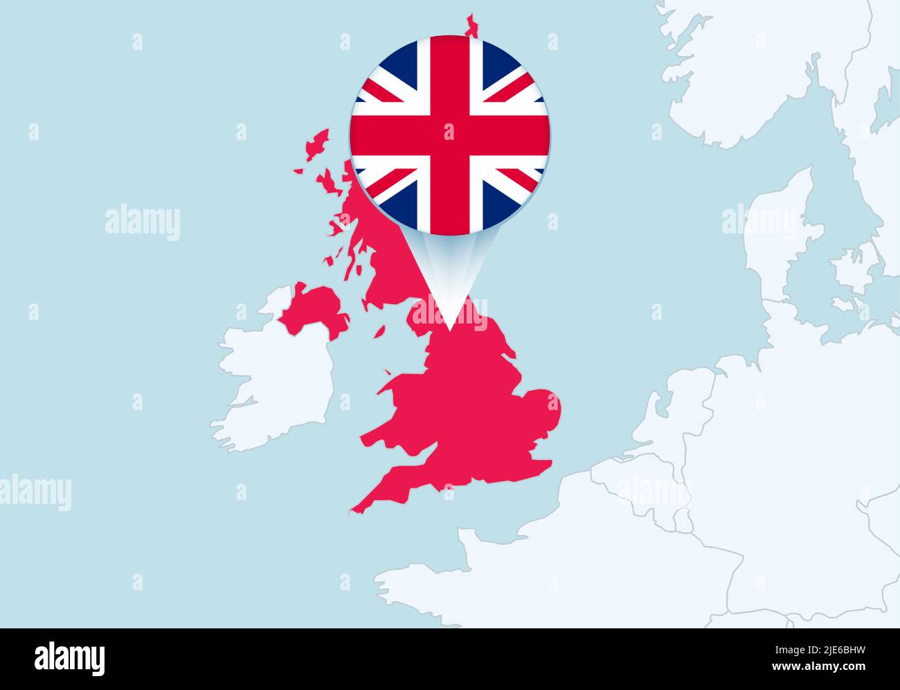 Europa con mappa del Regno Unito selezionata e icona della bandiera del Regno Unito. Mappa vettoriale e flag. Illustrazione Vettoriale
