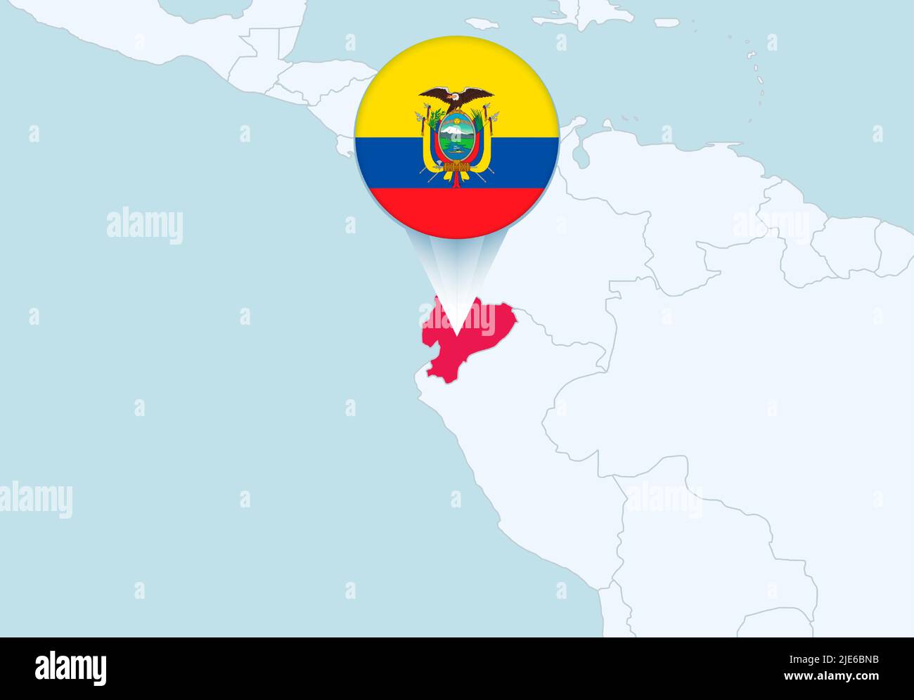 America con mappa Ecuador selezionata e icona bandiera Ecuador. Mappa vettoriale e flag. Illustrazione Vettoriale