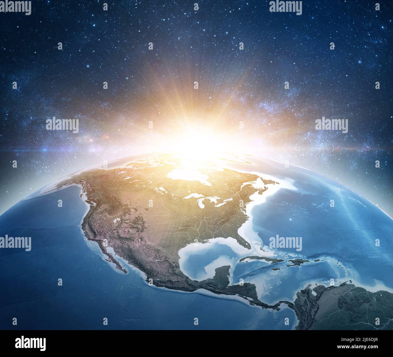Pianeta Terra, Nord America USA, sotto il cambiamento climatico nello spazio profondo, sole o massiccia esplosione all'orizzonte. Elementi forniti dalla NASA Foto Stock