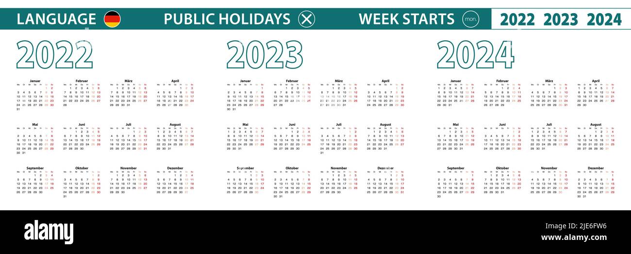 Semplice modello di calendario in tedesco per 2022, 2023, 2024 anni. La settimana inizia dal lunedì. Illustrazione vettoriale. Illustrazione Vettoriale
