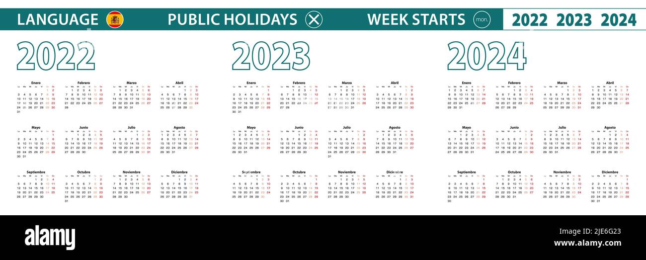 Semplice modello di calendario in spagnolo per 2022, 2023, 2024 anni. La settimana inizia dal lunedì. Illustrazione vettoriale. Illustrazione Vettoriale