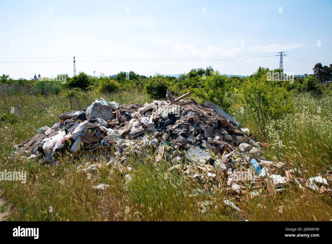 Un mucchio di rifiuti in un prato tra erba e fiori. Inquinamento della natura da parte dell'uomo, discarica illegale, immondizia in natura. Foto Stock