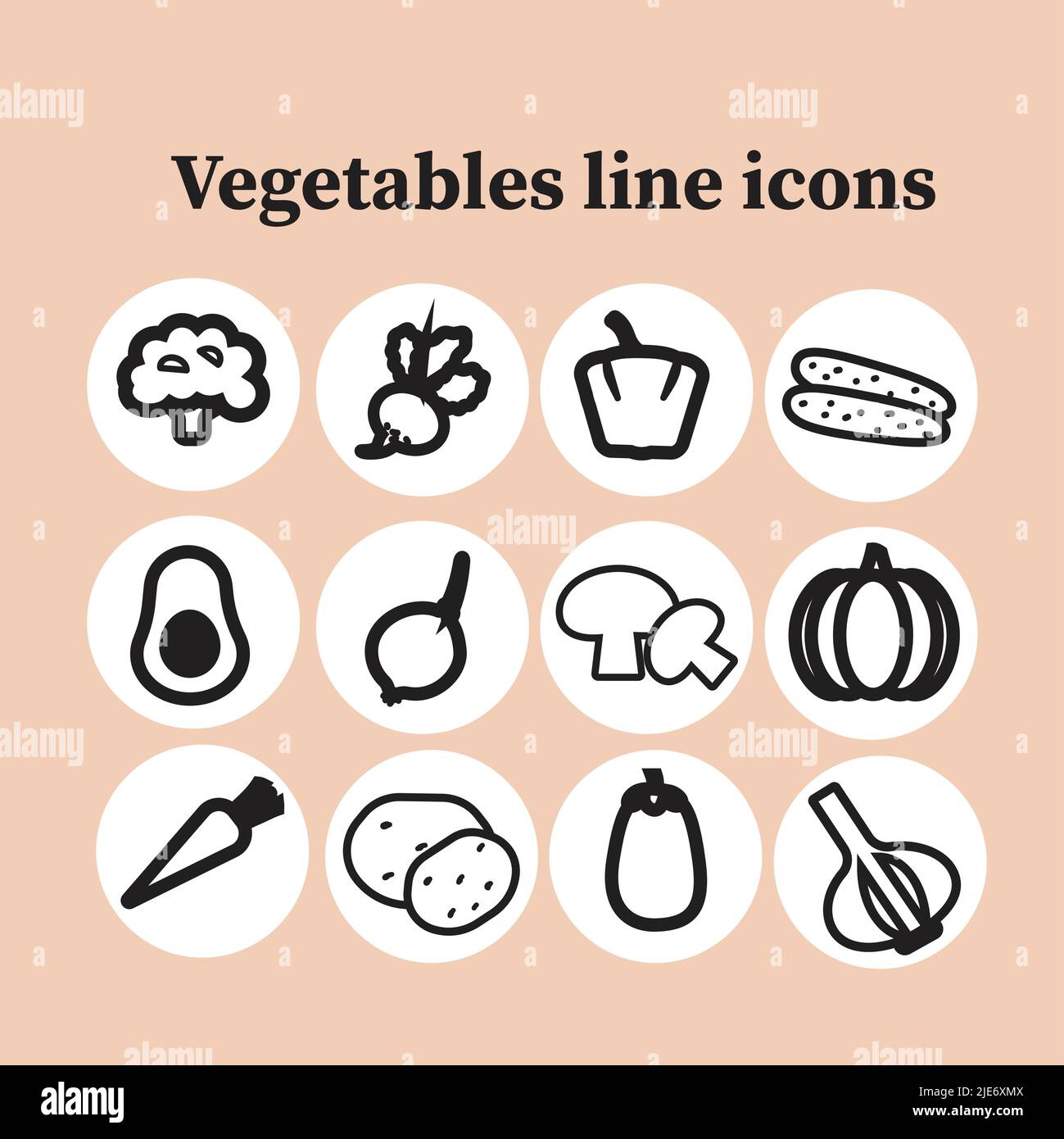 Icone della linea di verdure. Set di verdure dietetiche sane sugli adesivi rotondi. Illustrazione vettoriale in bianco e nero. Illustrazione Vettoriale