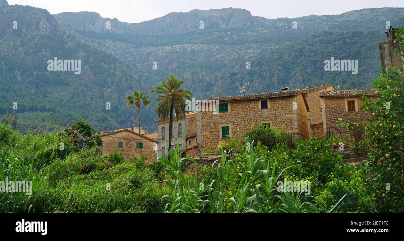 Vista di Soller Mallorca con montagne Tramuntana sullo sfondo. Foto Stock
