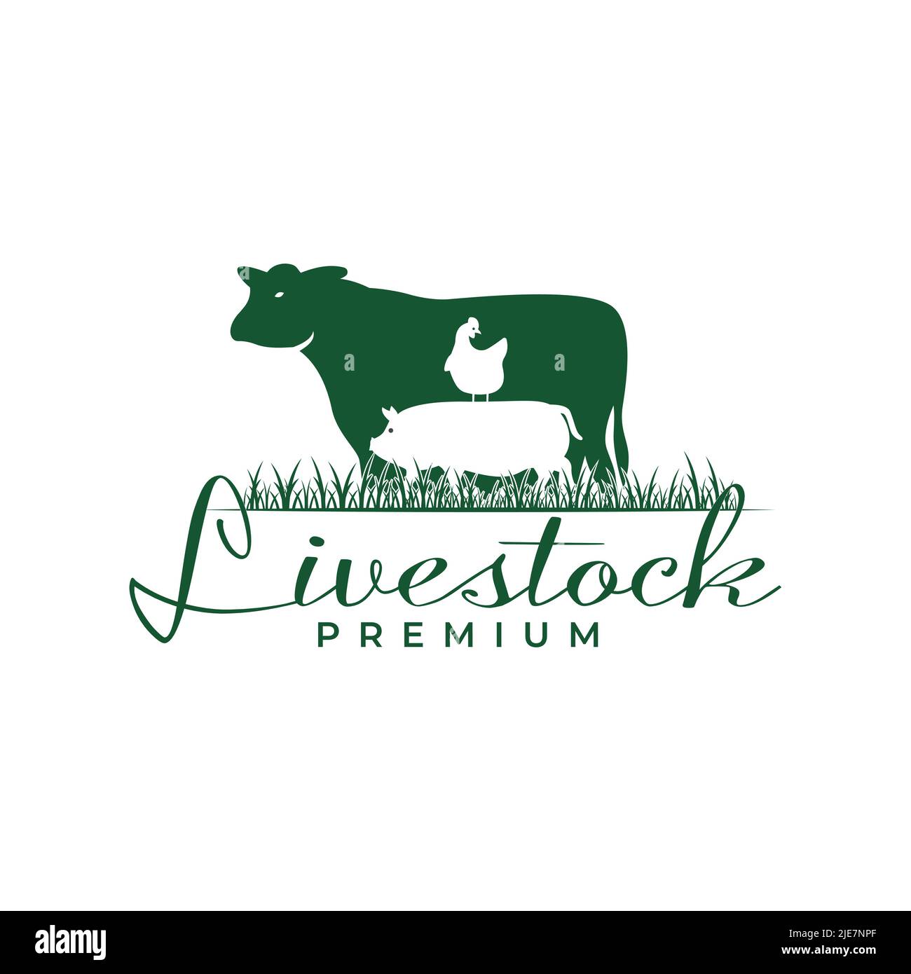 Animali da fattoria, mucca, pollo e maiale logo ispirazione Flat design. Concetto di illustrazione vettoriale di un'azienda agricola occidentale d'epoca Illustrazione Vettoriale