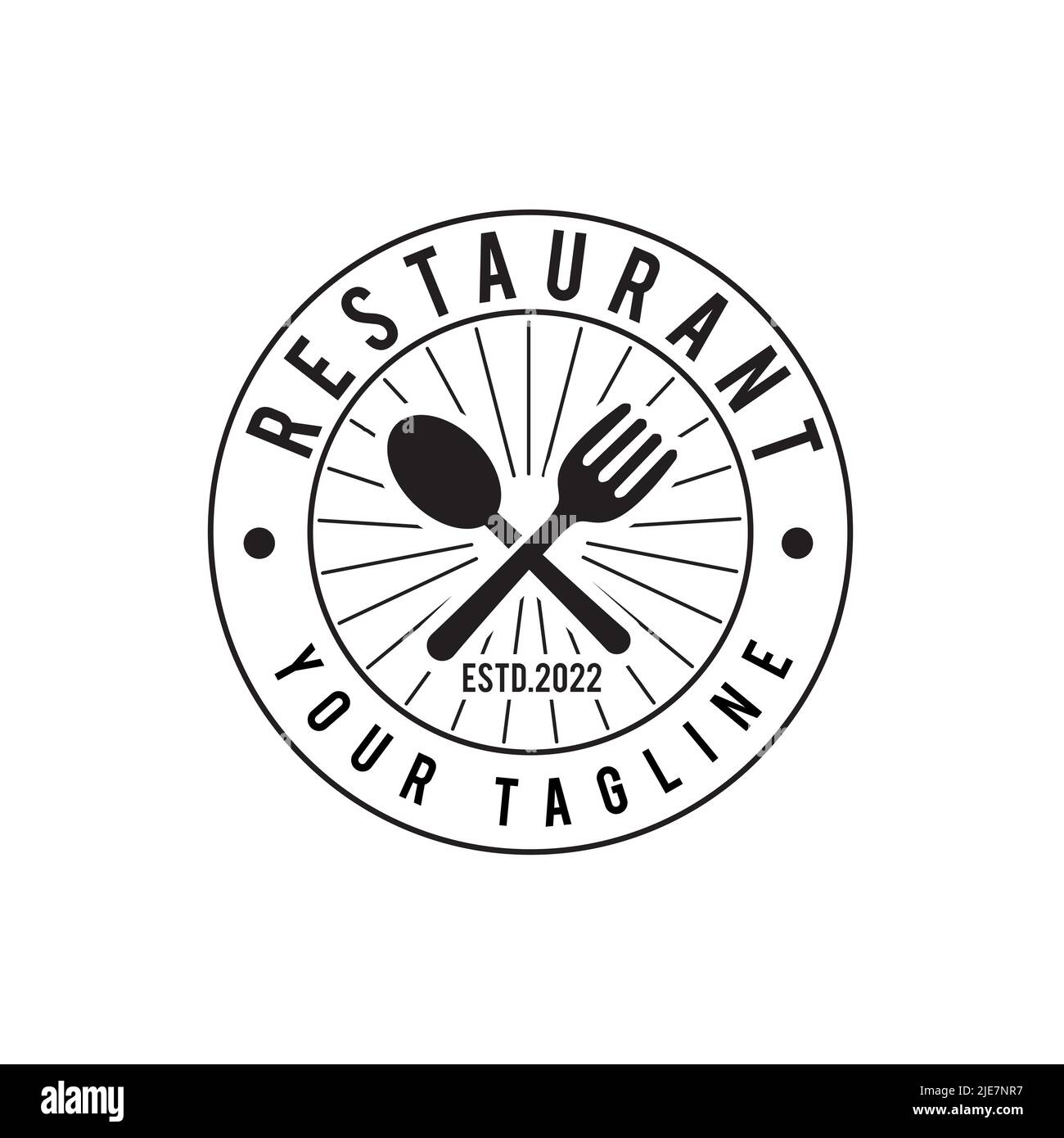 Logo a forcella incrociata e cucchiaio. Cucina e ristorante menu simbolo. Elementi retro Vintage Design per logotipo, Insignia, badge, etichetta Illustrazione Vettoriale
