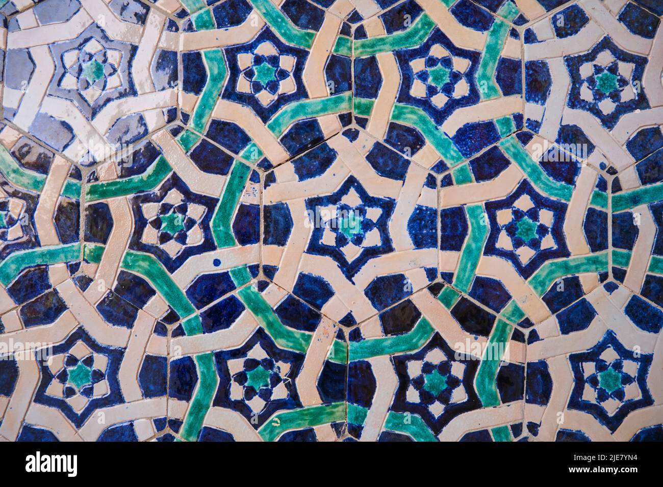 Dettaglio, primo piano dell'iconica, tradizionale, mattonella colorata, motivo a mosaico sulla facciata del Palazzo Khudayar Khan. A Kokand, Valle di Fargana, Uzbekistan Foto Stock